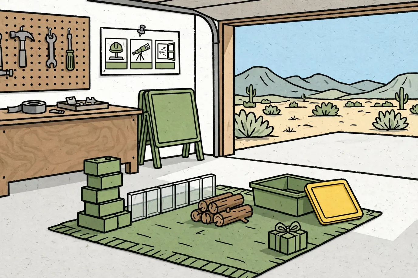 Play rug in a garage with chunky bricks, translucent building tiles, wooden logs, a storage bin with its lid and a wrapped gift.