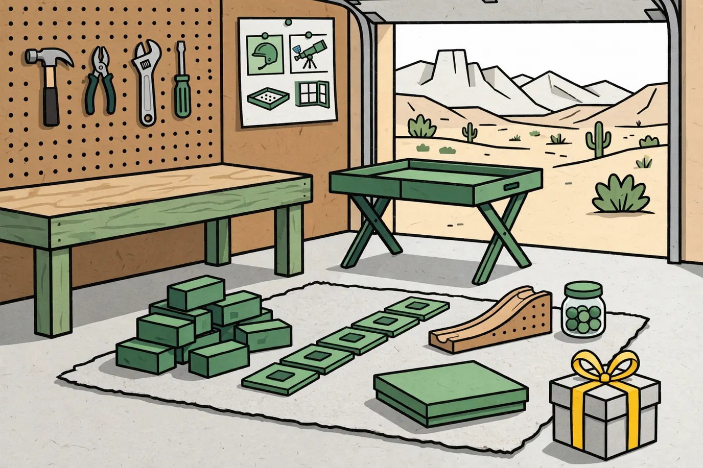 Play rug in a garage with building bricks, a road of magnetic tiles, a wooden marble track, a game box and a wrapped gift.