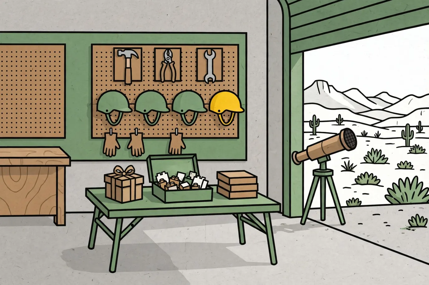 Garage bay with a folding table of gifts, a tub of building pieces, card games, a small telescope and a pegboard wall of kids' helmets.