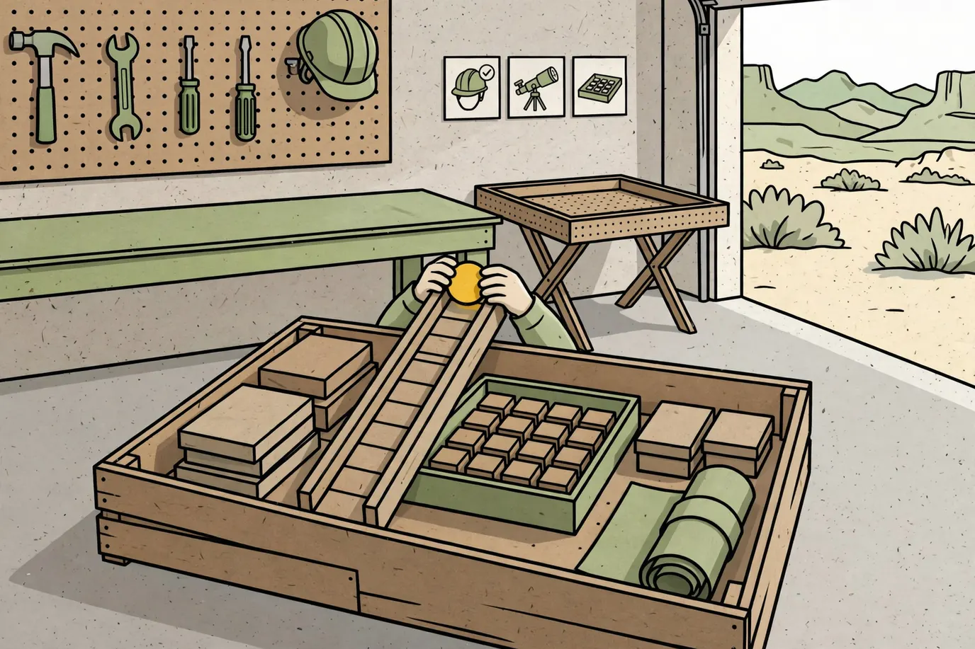 Wooden crate in a garage with blocks, a marble track, building bricks and card boxes, and a child's hands placing a marble at the top.