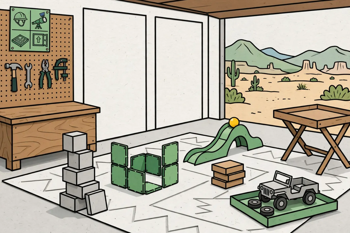 Play rug in a garage with wooden blocks, magnetic tiles, a marble track, card boxes and a half-built toy jeep model on a tray.