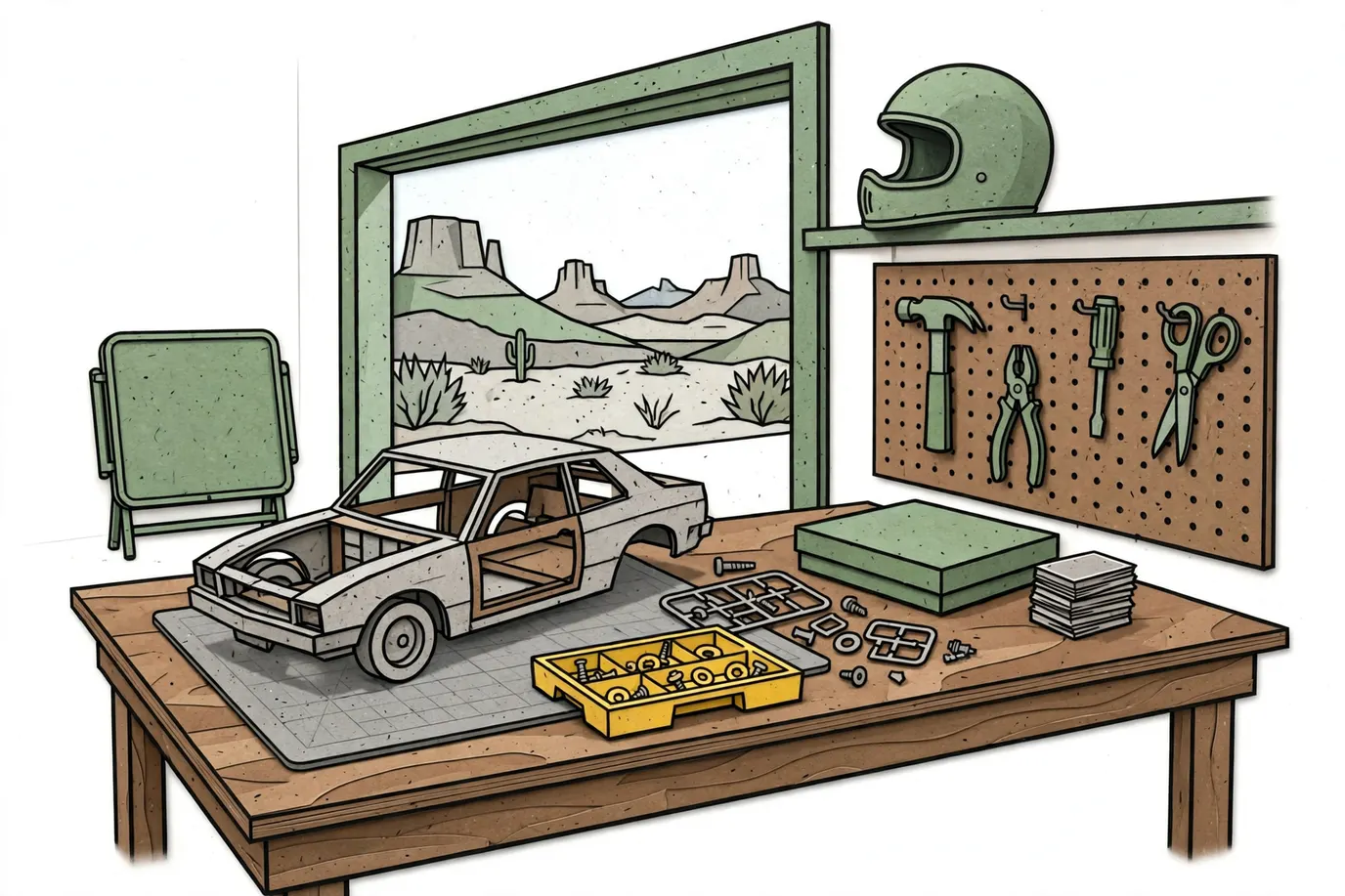 Garage workbench with a half-built model car, plastic parts, a board game box, card decks and a helmet on a shelf behind.