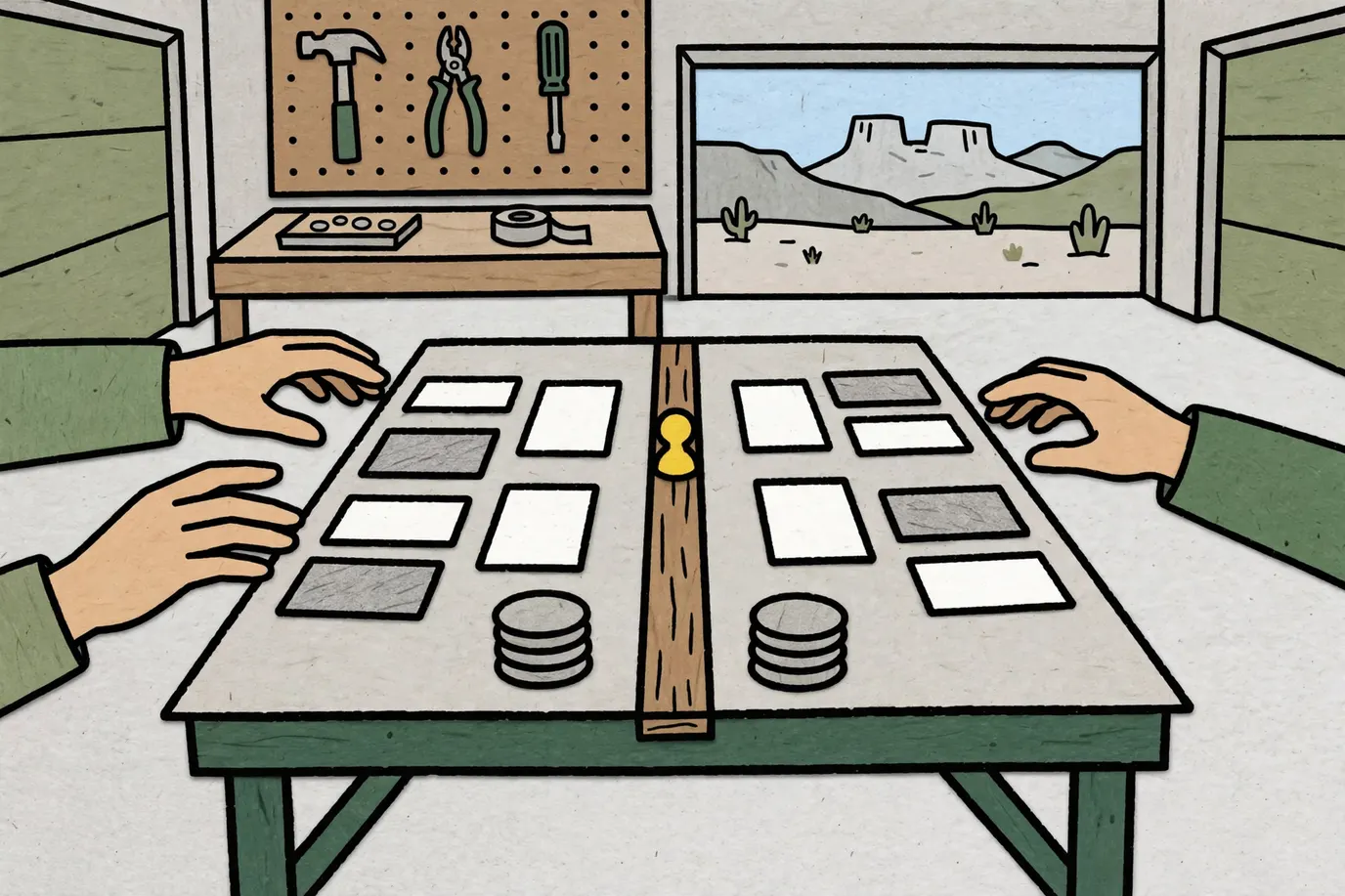 Two players at a garage card table with a staggered layout of blank cards, a narrow track with a pawn and stacks of coins