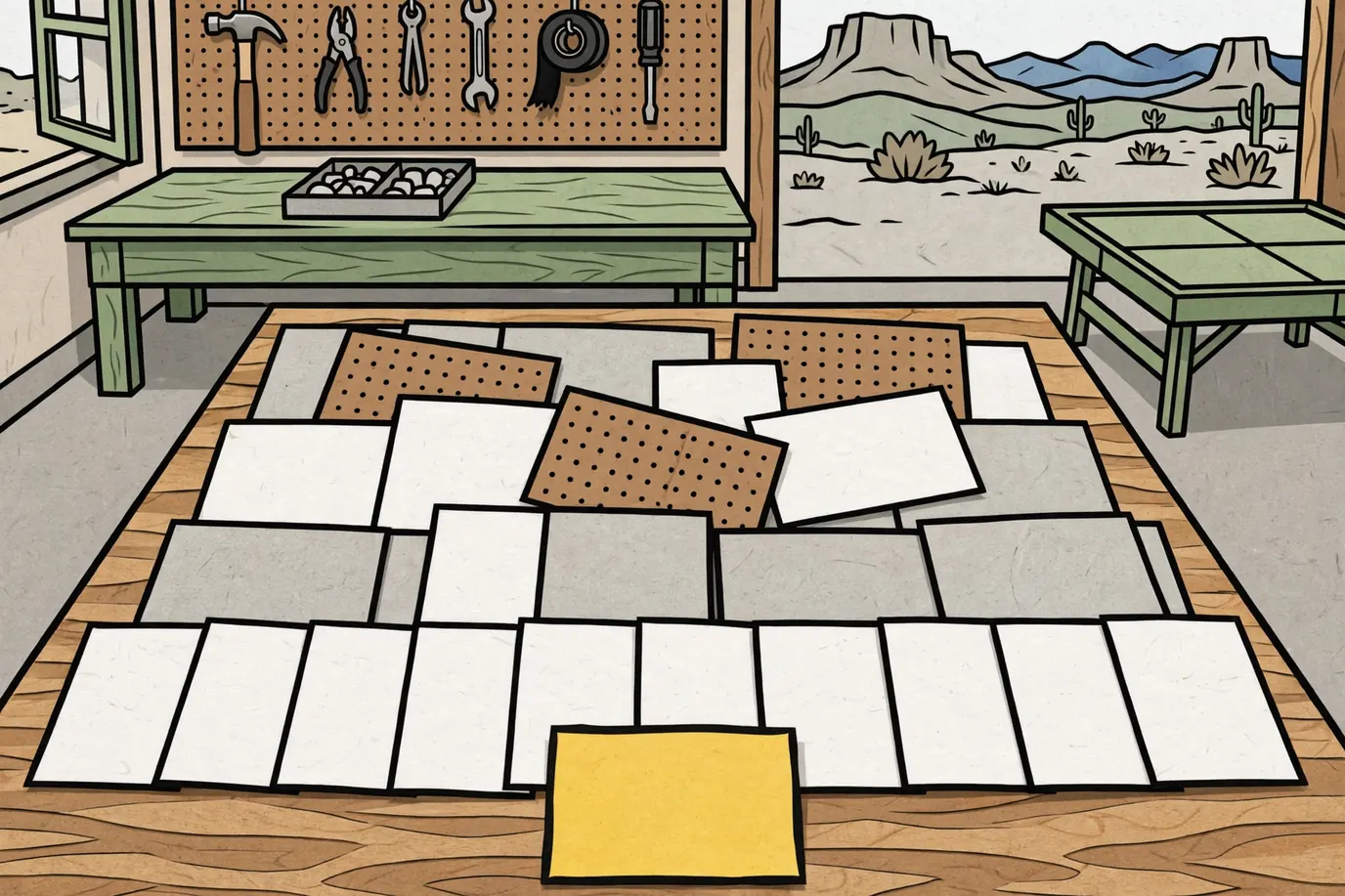 Overlapping rows of blank cards on a table, the bottom row uncovered and some upper cards face down