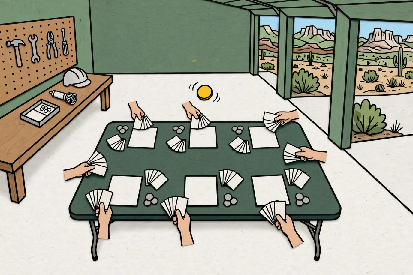 Seven players around a garage table passing fans of blank cards to the left at the same time