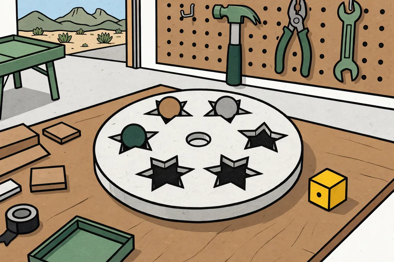 The center of a marble board with a ring of star holes, a center hole, marbles and a die showing one