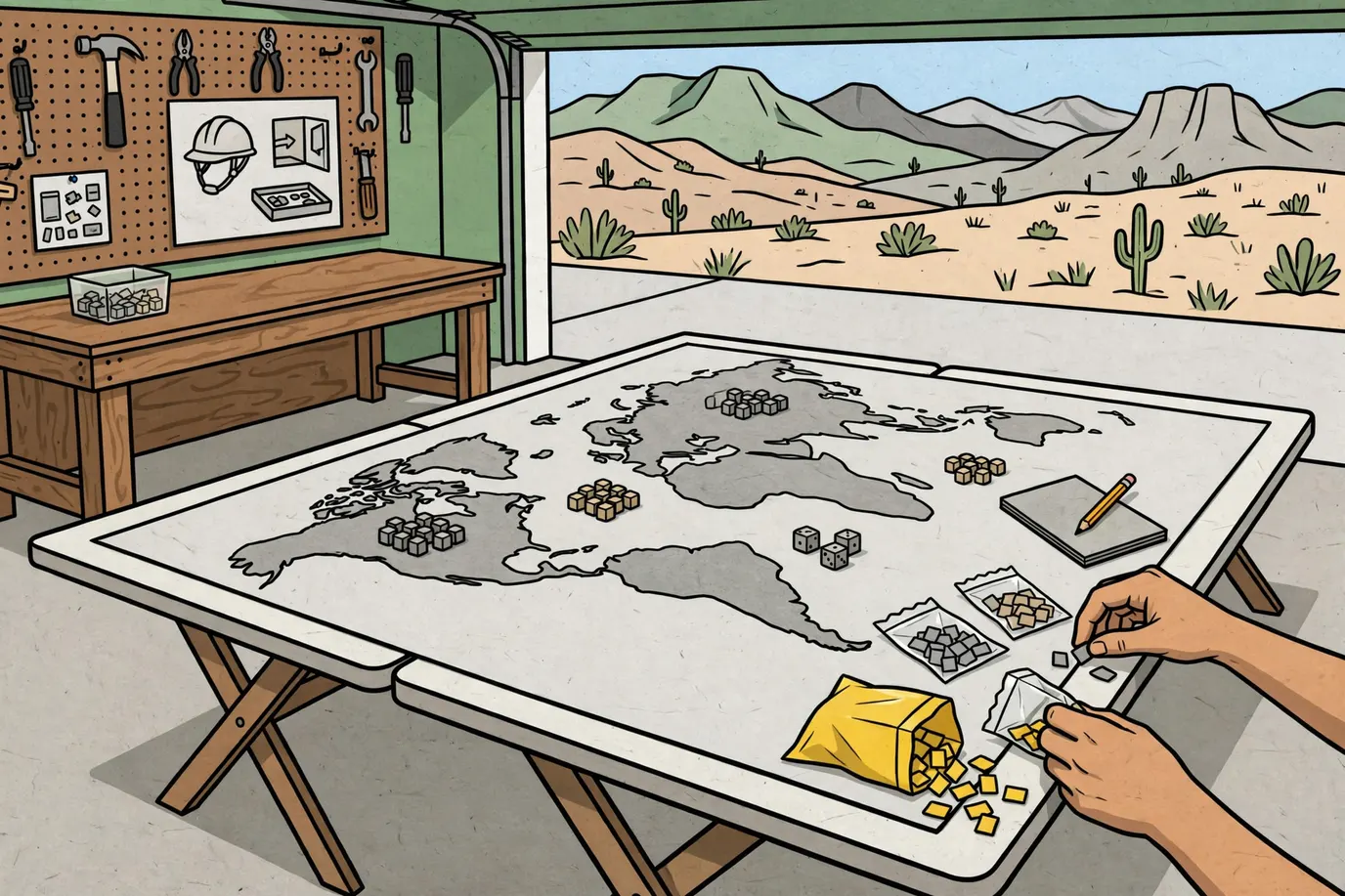 A big unlabeled world-map board on two garage tables with small plastic playing pieces, dice and a scoring notepad
