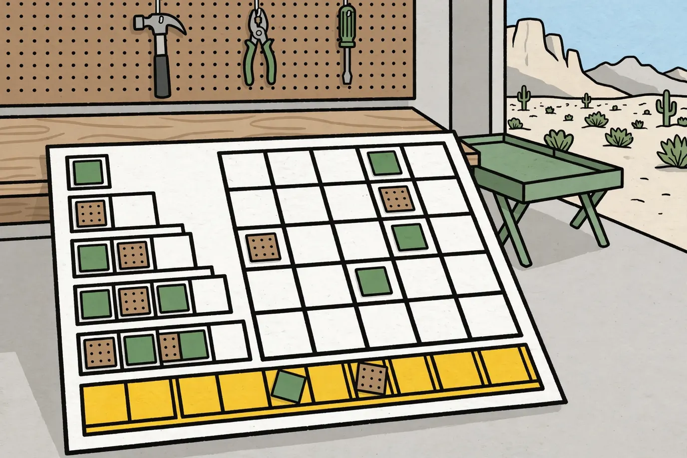 A gridded tile board with stepped rows, a partly filled 5-by-5 wall and two tiles in the strip along the bottom
