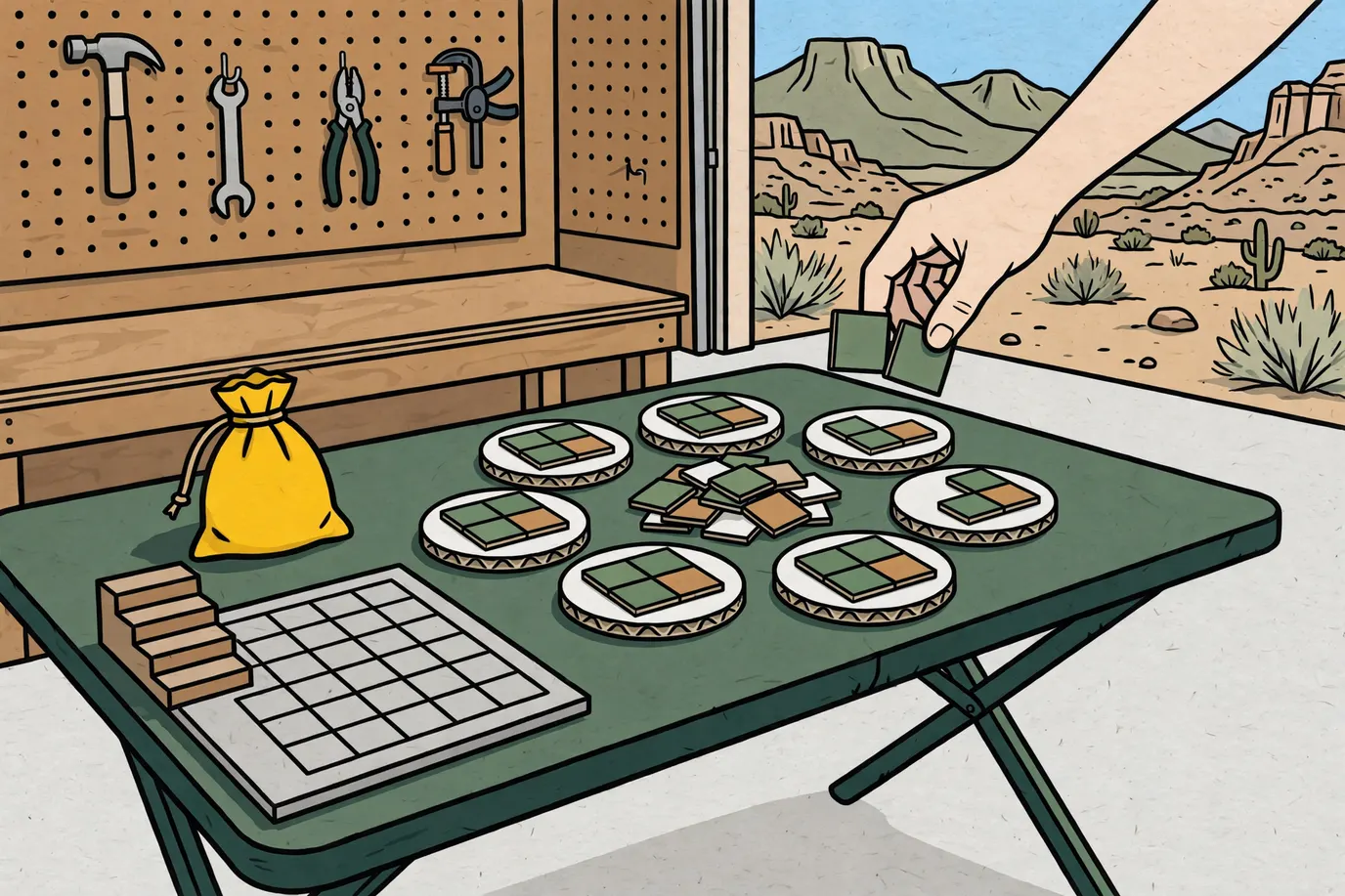 Small colored square tiles on round discs around a pile in the middle, with a gridded player board and a cloth bag