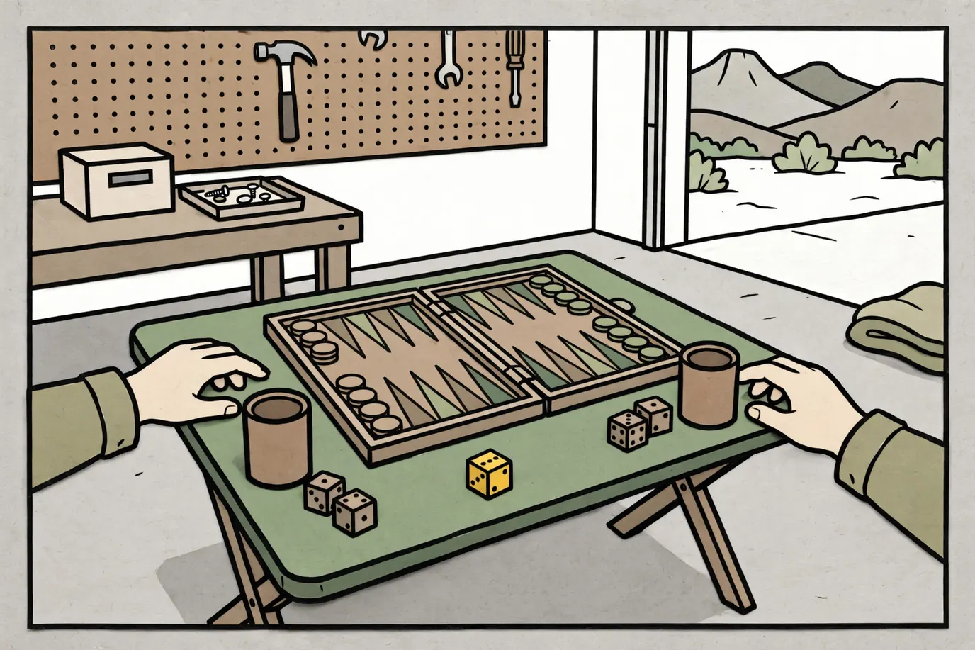 An open backgammon board with stacked checkers, two dice cups and dice on a folding table in a sunny garage