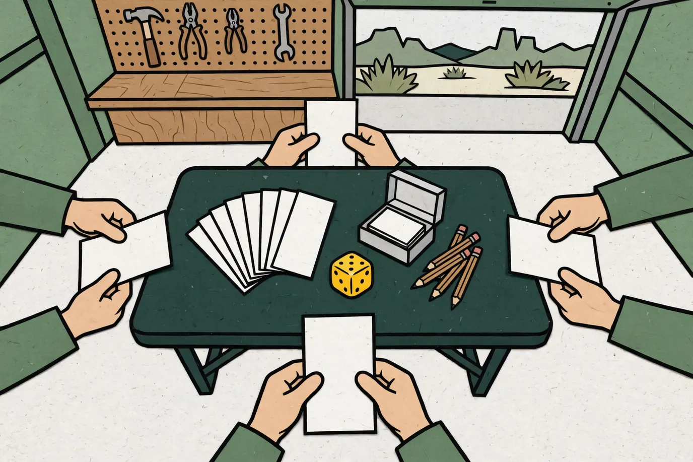 Hands hiding paper answer slips around a folding table with pencils, a die and a stack of cards in a garage