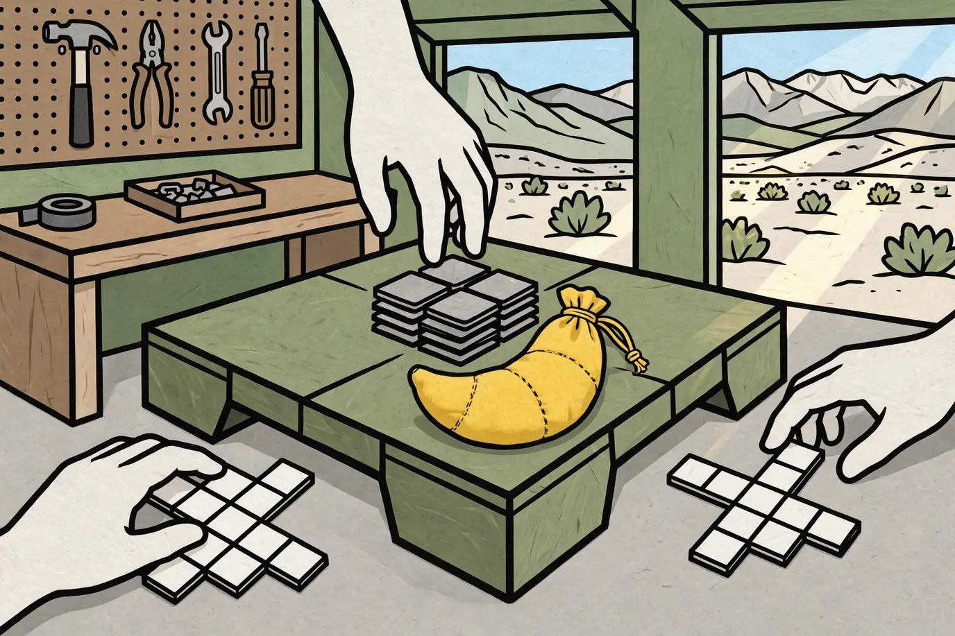 Blank letter tiles built into small crossword grids around a center pile and a curved fabric pouch on a garage table