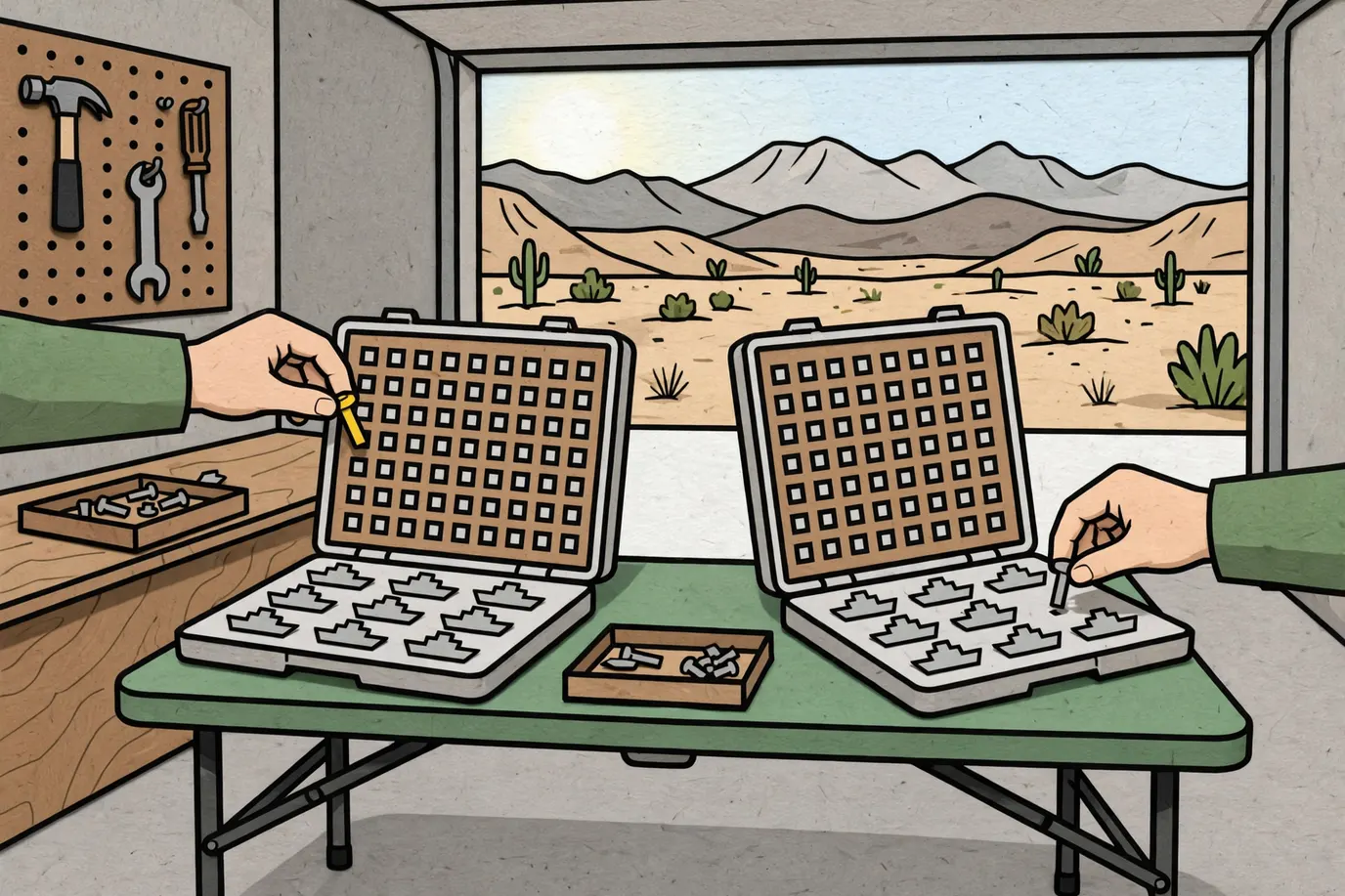 Two open plastic game cases facing each other with peg grids and small grey ship shapes on a garage folding table
