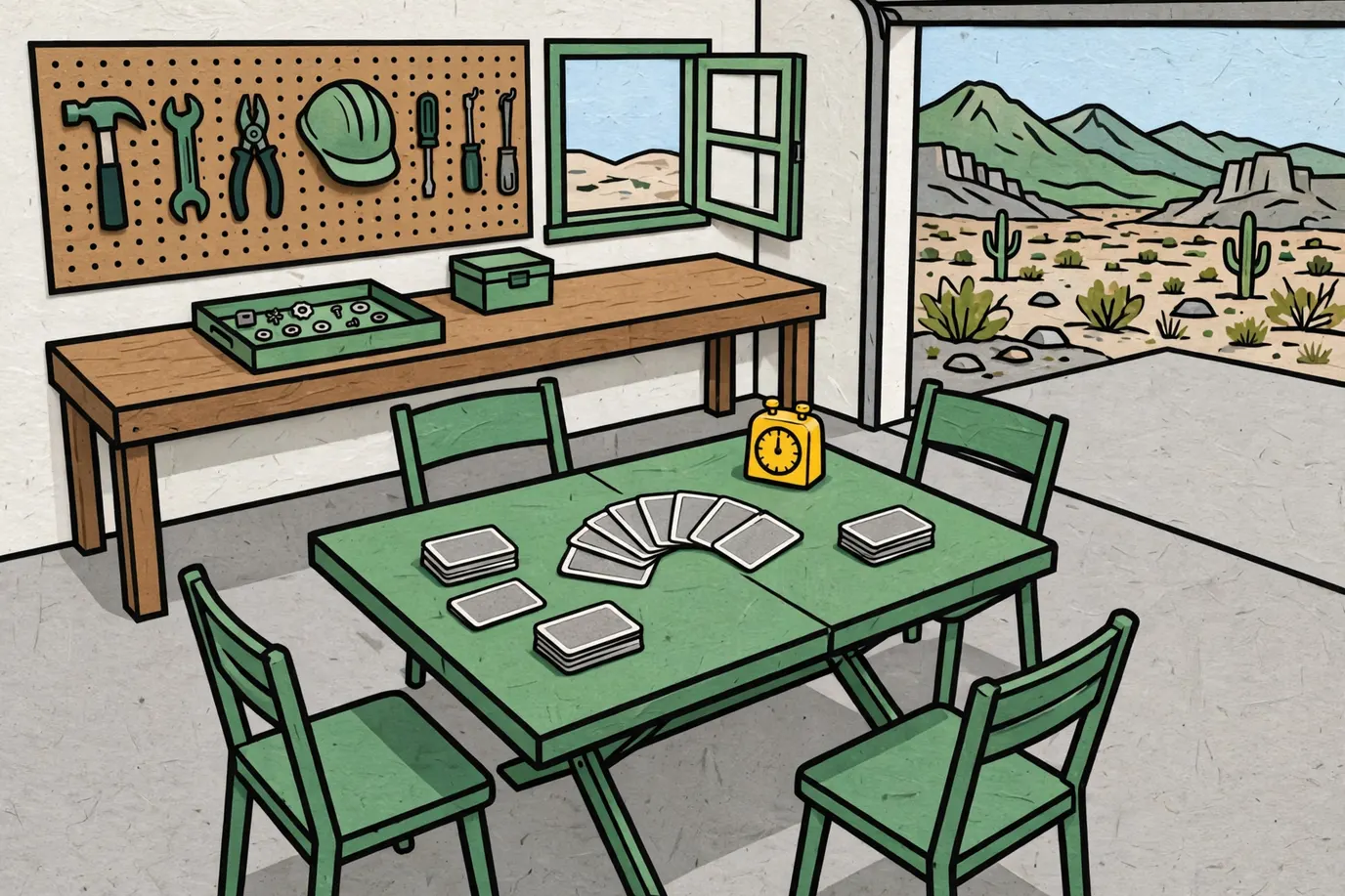 A folding table in an open garage with card decks, fanned cards and a kitchen timer, ready for a family card game.