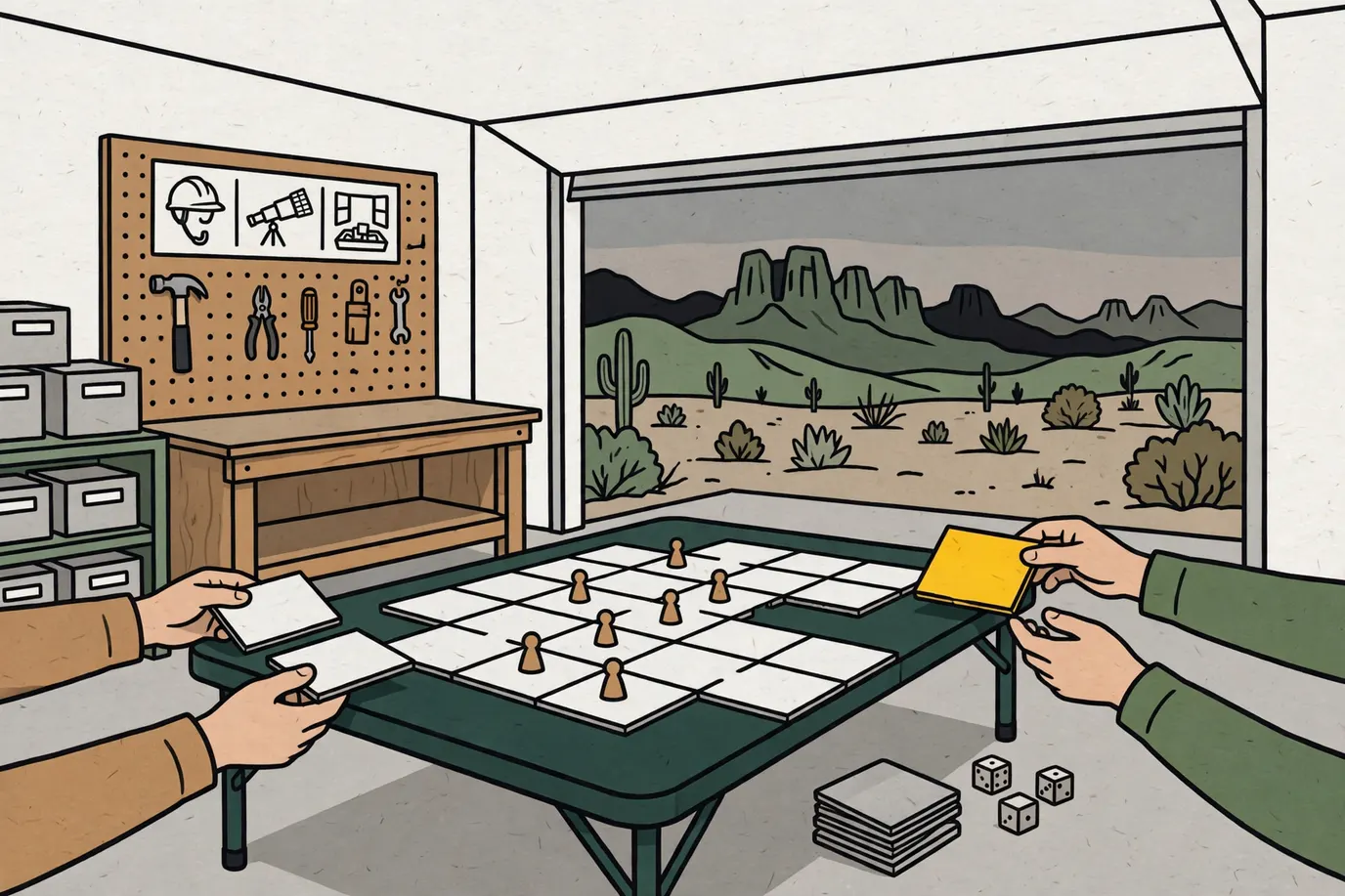 Square room tiles forming a half-built house layout with small pawns and dice on a garage folding table at dusk