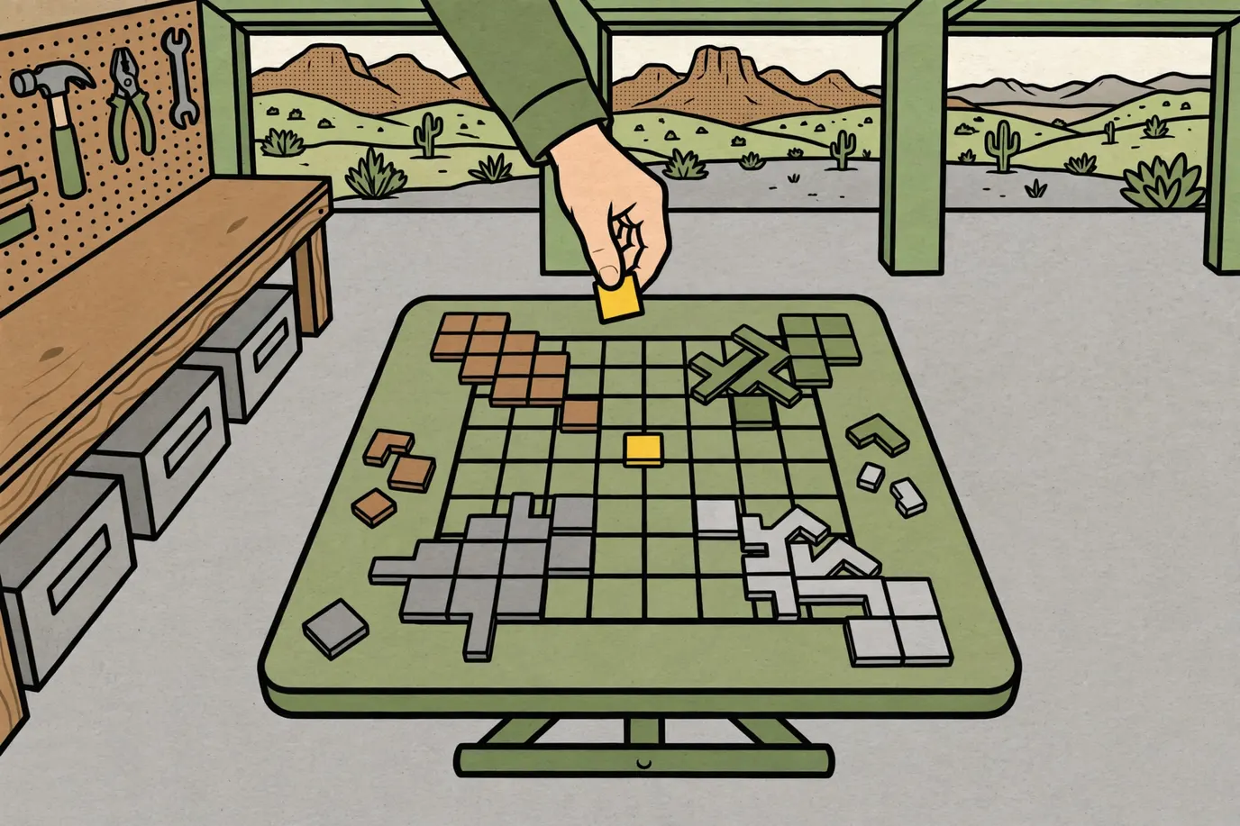 A square grid board with flat pieces in four colors spreading from the corners, touching only at corners, on a garage table