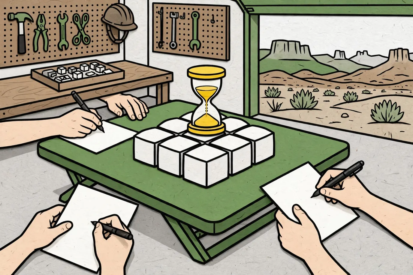 A domed letter-cube grid and an hourglass timer on a garage table while three players write on notepads