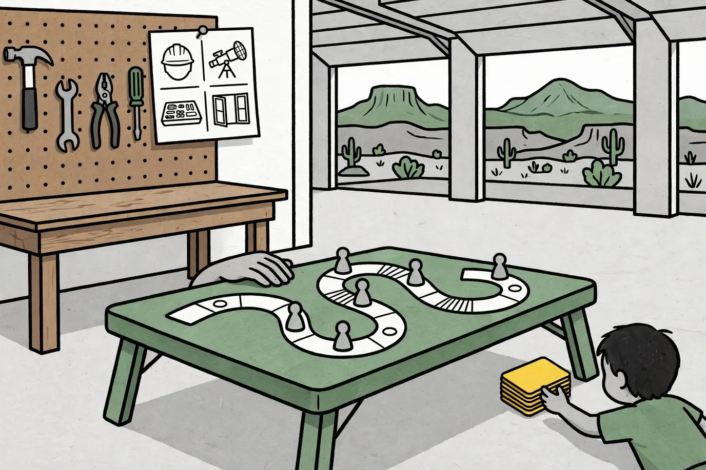 A rainbow-path board game on a low table with four small movers and a stack of color cards