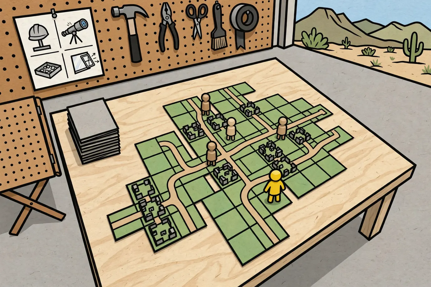 Square landscape tiles laid out into a map of roads and walled cities, with small wooden figures placed on them