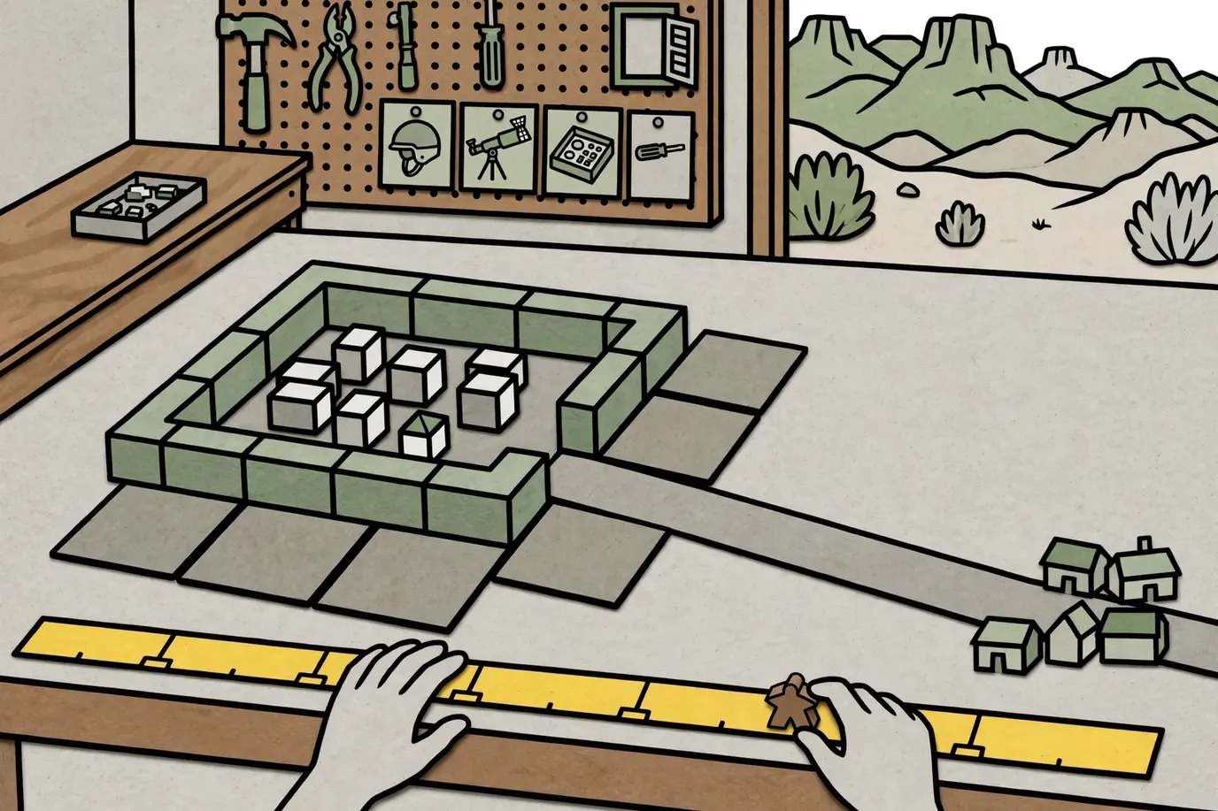 A finished walled city and road made of tiles, with a hand moving a wooden figure along a score track