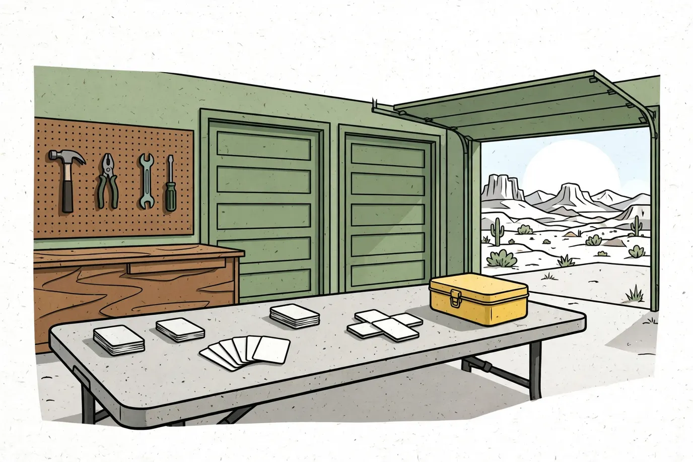 Several plain card decks, a fanned hand and a small tin box spread across a garage table