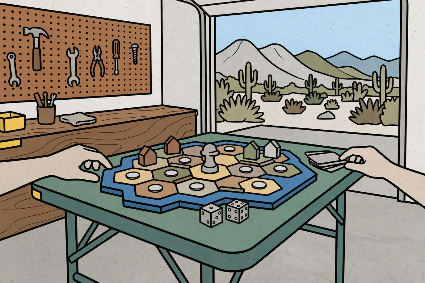 A hex-tile island board game on a garage folding table with wooden houses, roads and two dice