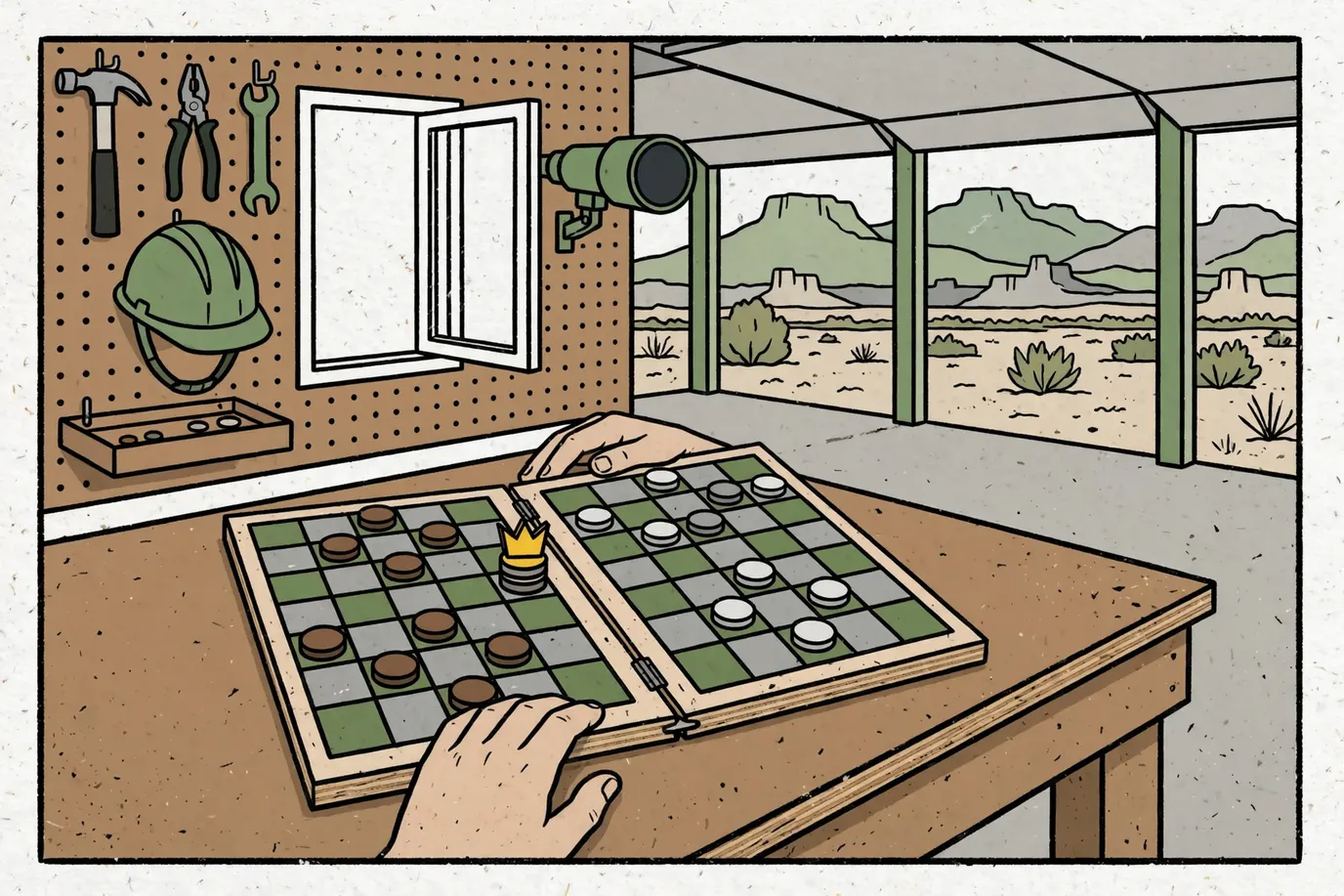 A checkers game in progress on a folding wooden board on a garage workbench, with one stacked crowned piece