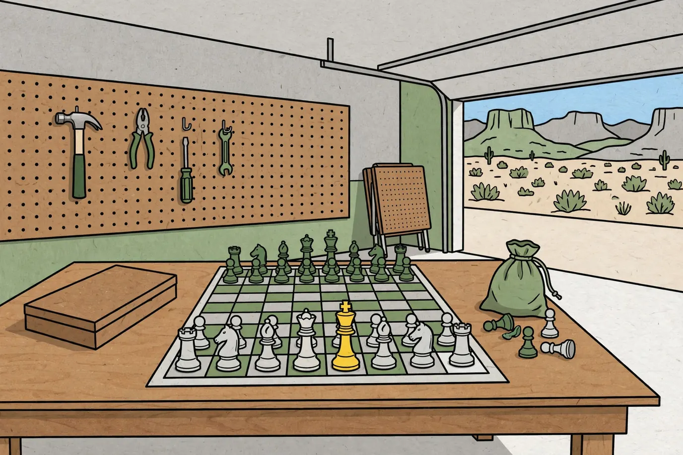 A wooden chess set in its starting position on a garage workbench, with a folding board-box beside it