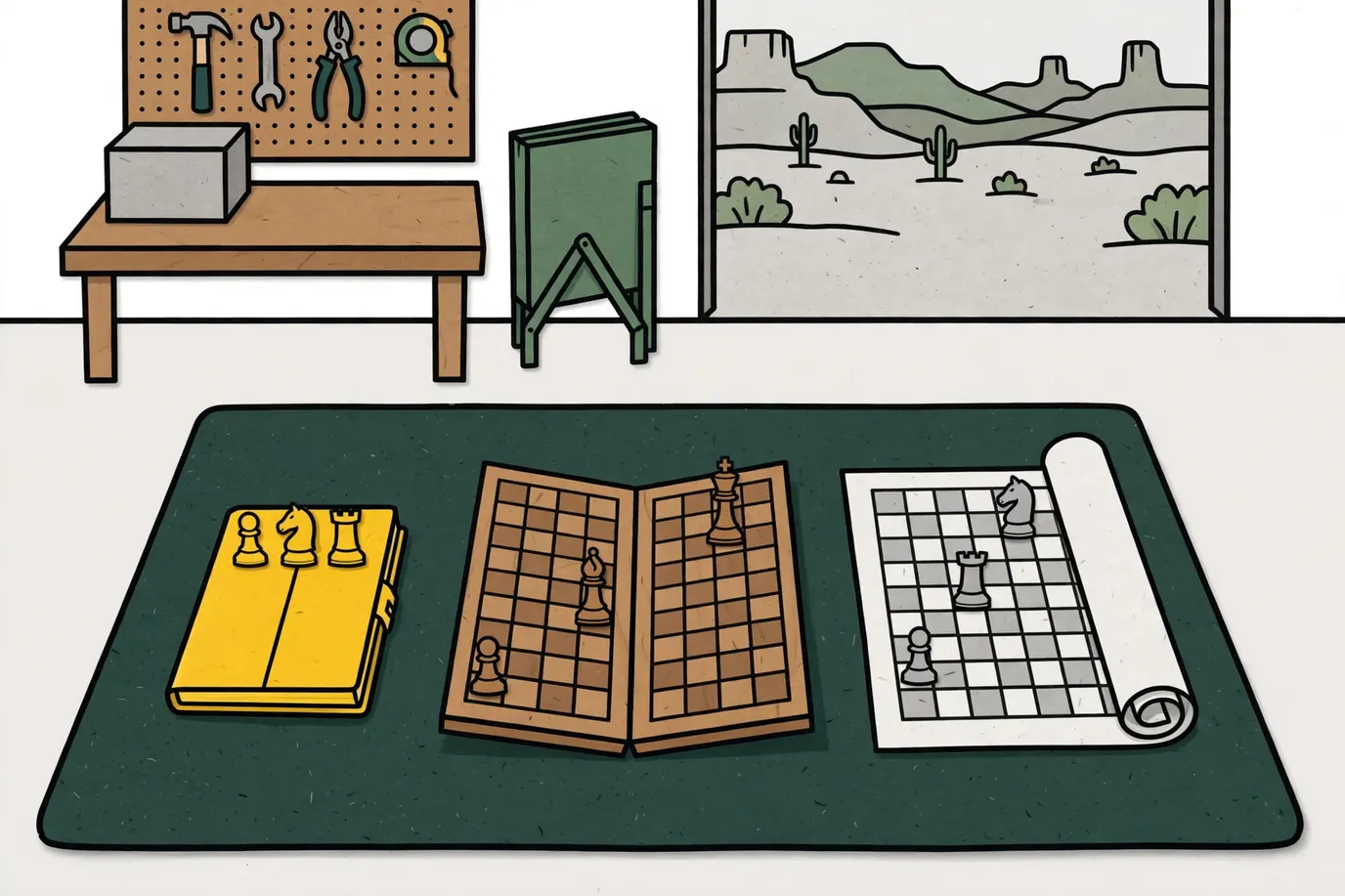 Three chess boards of different sizes from above: a small hinged travel board, a folding wooden board and a roll-up mat