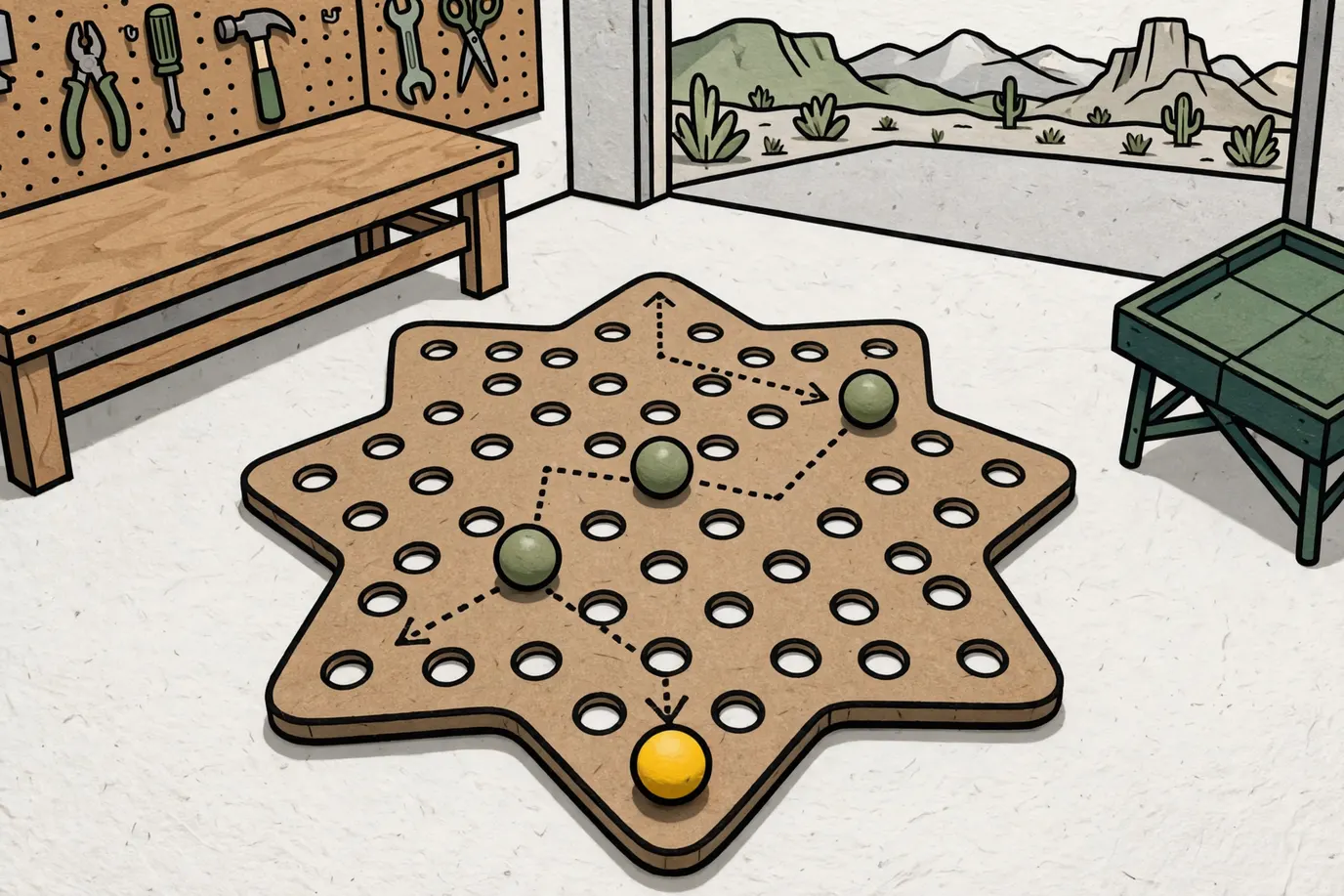 Diagram of a marble making three straight hops in a zig-zag chain across a star-shaped board