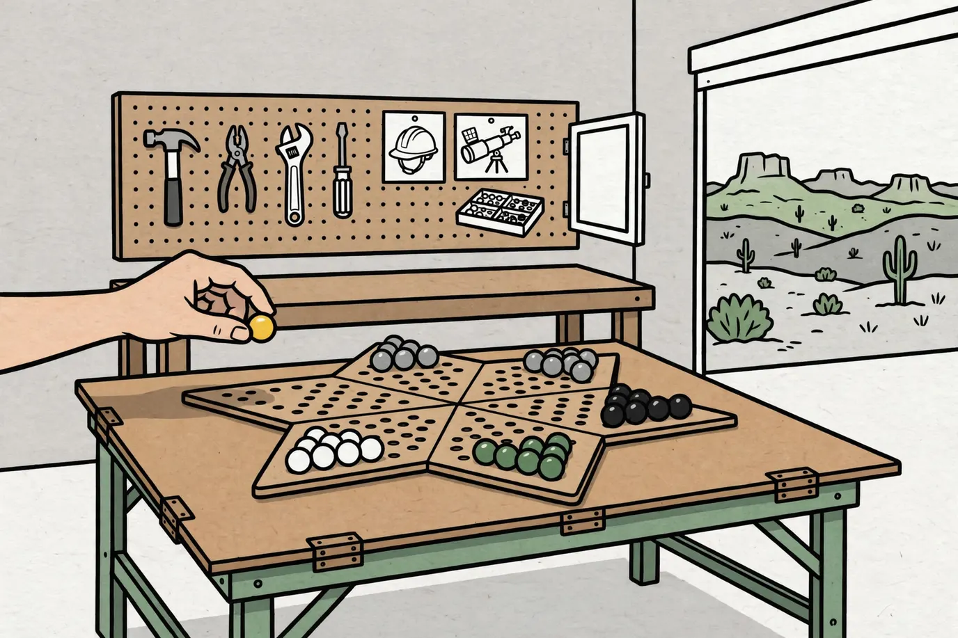 A six-point star marble board on a garage folding table with a hand moving one marble across it