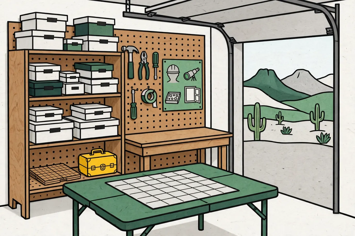 A garage shelf of plain board-game boxes, a wooden game board and a metal case above a set-up game table