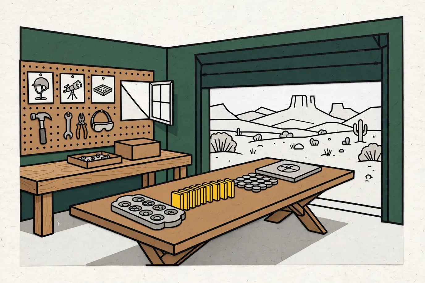 Four simple classic game setups on one garage table: a stone-and-cup board, dominoes, a disc grid and a race board