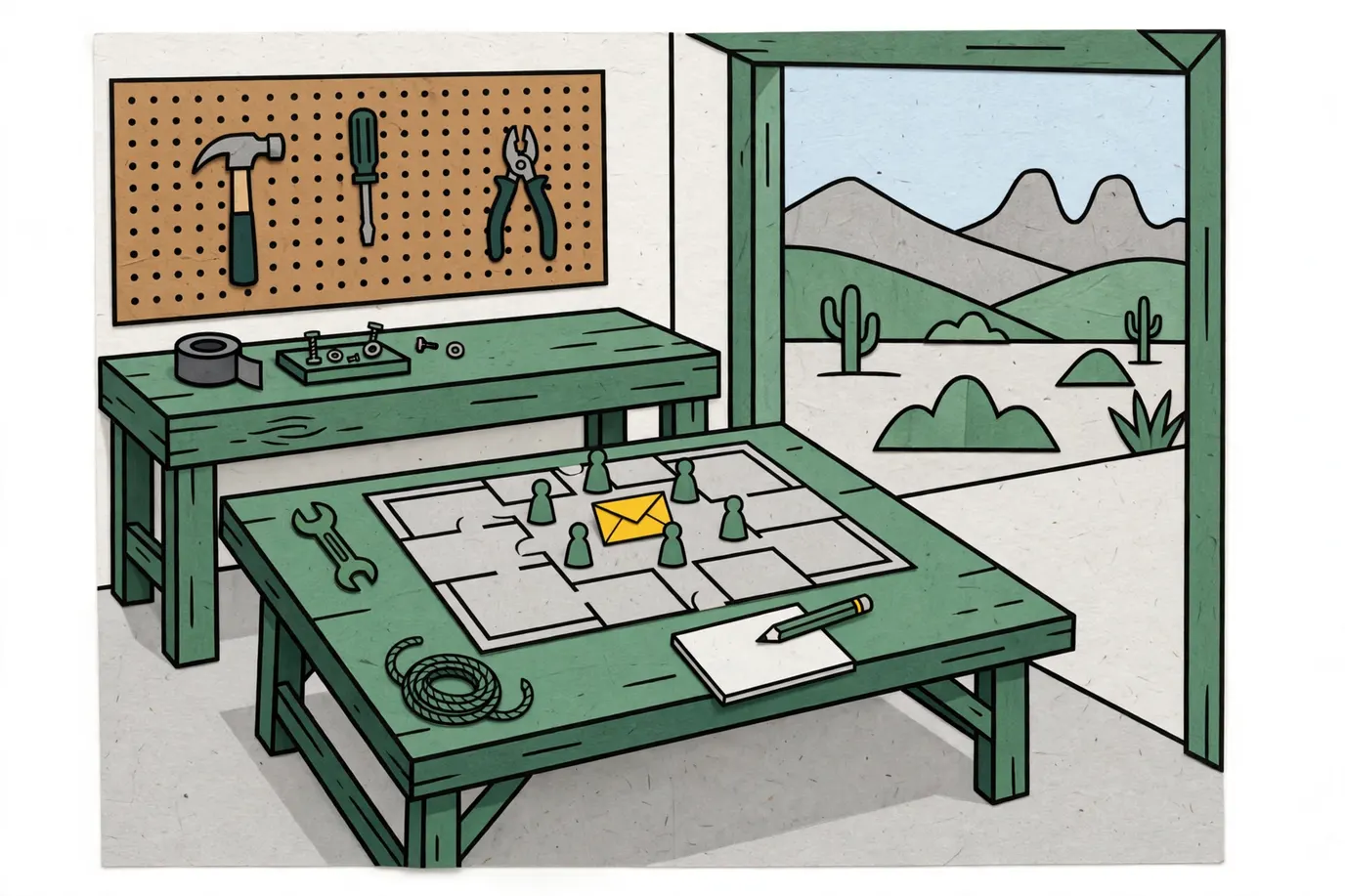 A floor-plan game board with small pawns, tiny tool pieces, a sealed envelope and a notepad on a garage table