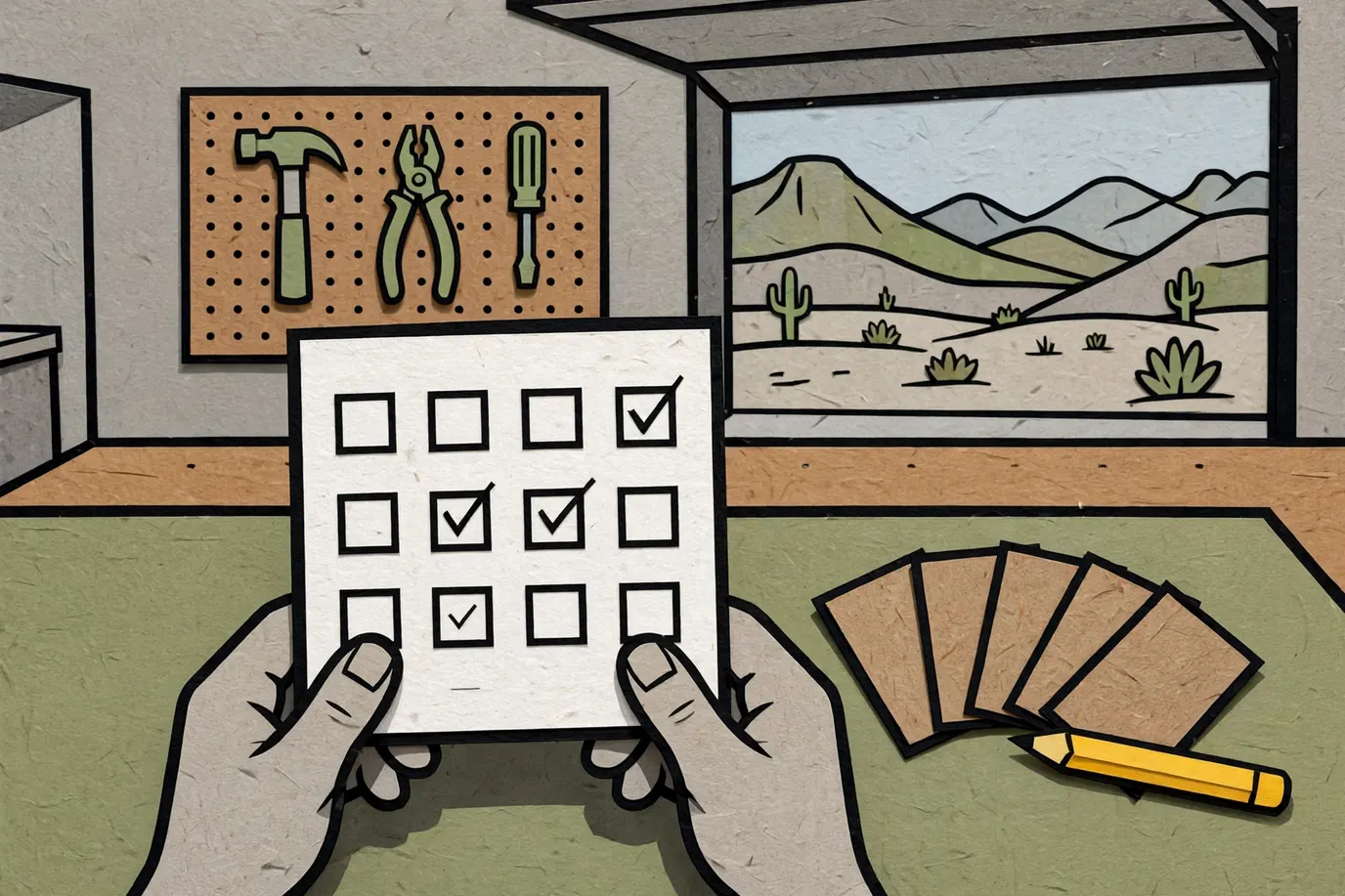 Hands holding a blank grid notepad with tick marks next to a few face-down cards