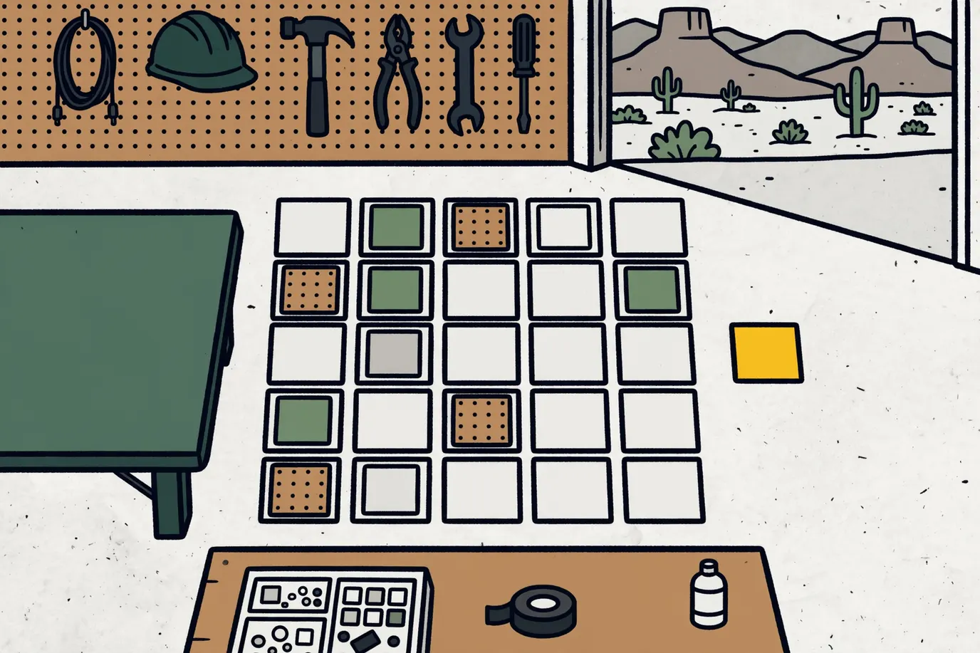 Diagram of a five-by-five card grid with colored team tiles, neutral tiles and one dark tile set aside