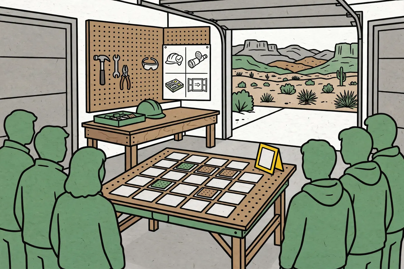 A five-by-five grid of blank cards with a few colored tiles on a garage table, two teams seen from behind
