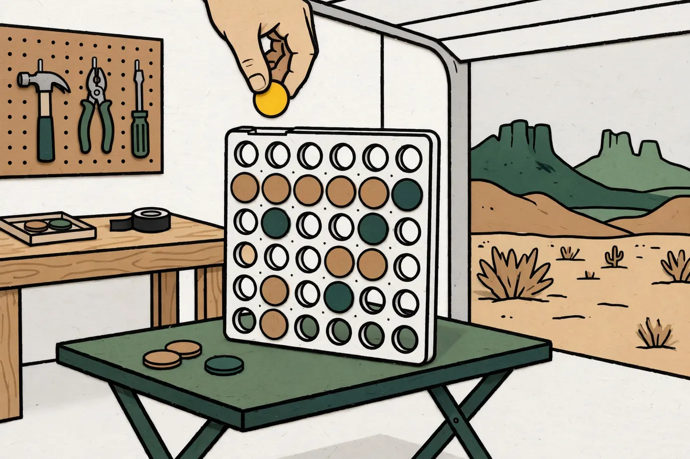 An upright disc grid half full of two-color discs on a garage table, a hand about to drop one more
