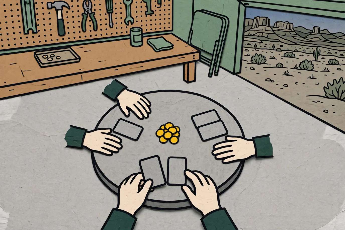 Face-down cards in pairs and a small pile of round tokens on a garage card table, with players' hands at the edge