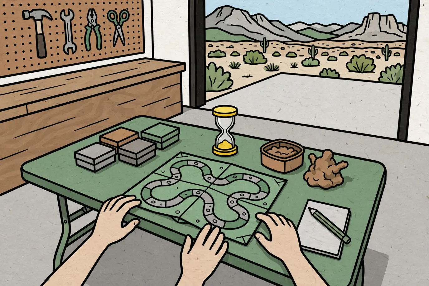 A party game board with four card boxes, a sand timer, a tub of clay with a half-made sculpture and a notepad on a garage table