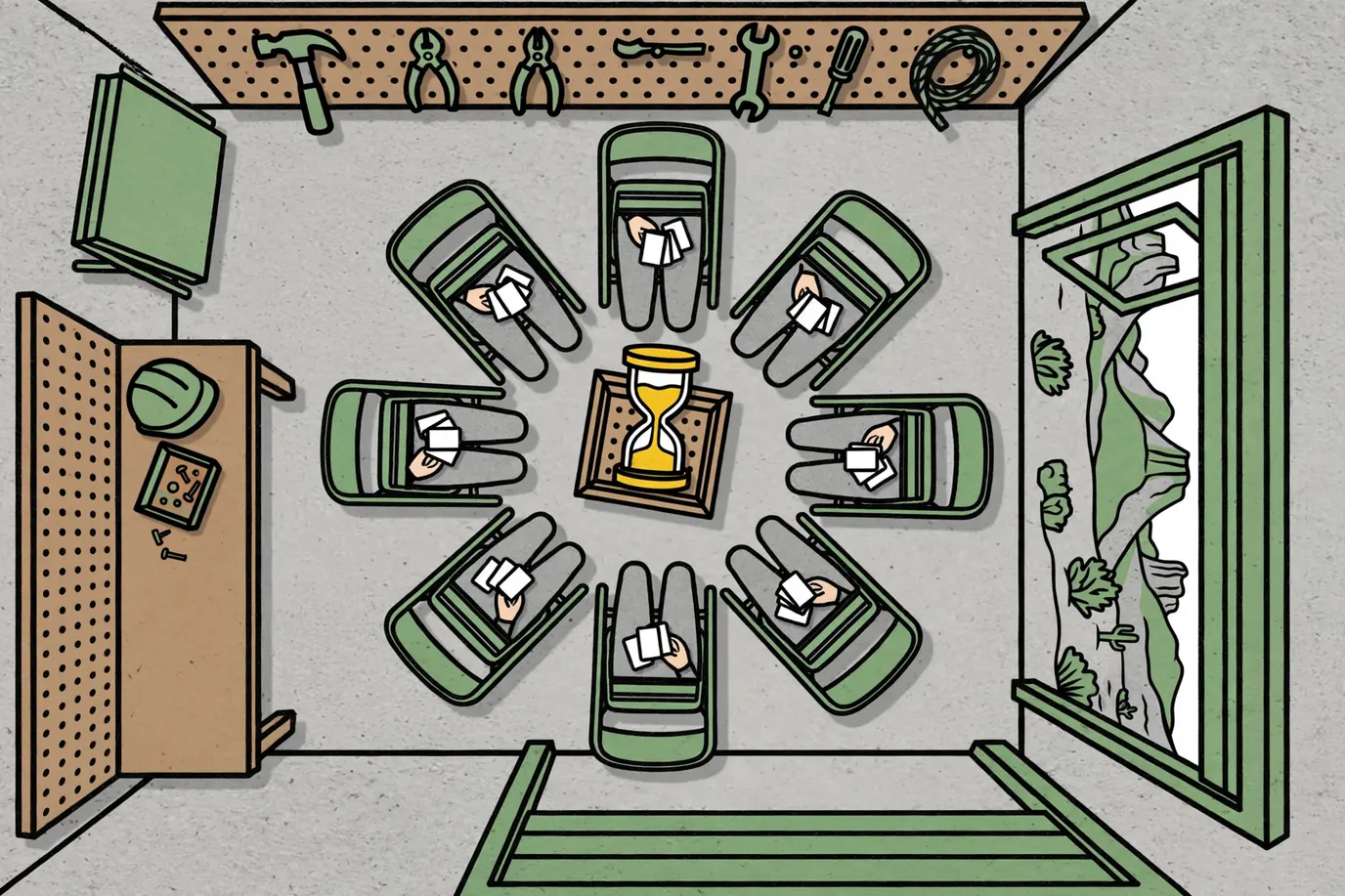 Players' hands holding face-down cards around a small sand timer on a crate in a garage