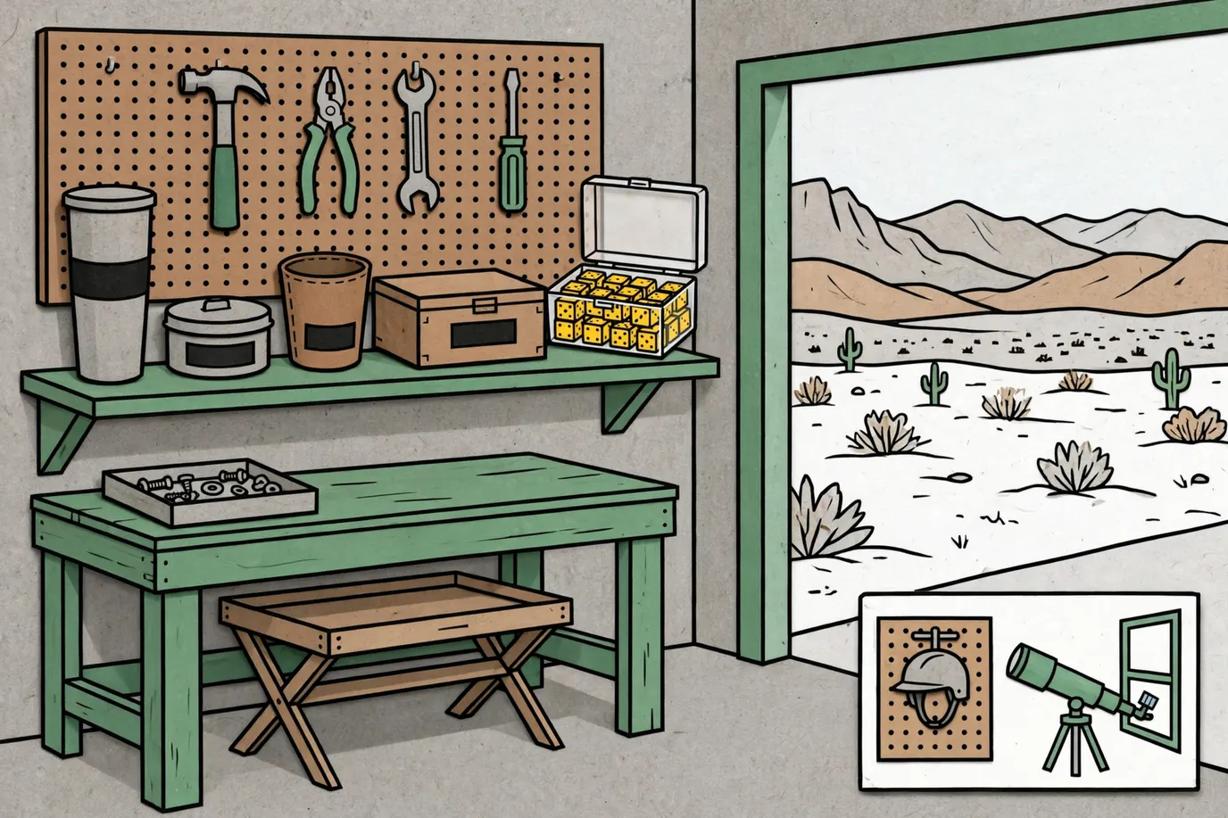 A garage shelf with a dice cup, a tin, a leather cup, a wooden box and a case of colored dice