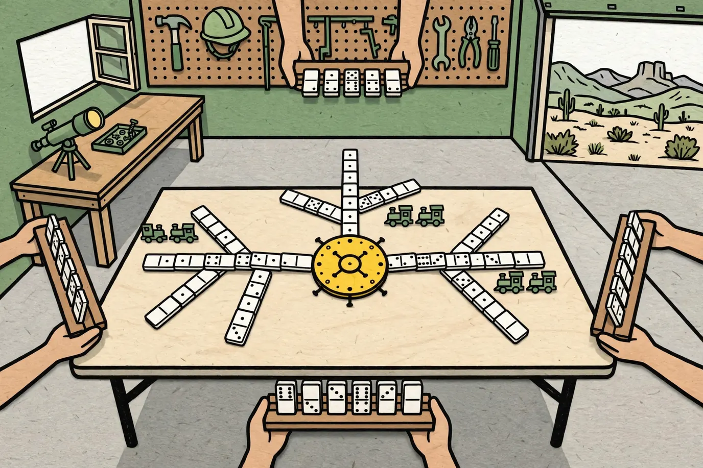 Domino tiles in lines branching from a round hub on a garage table, with small train markers and tiles standing in wooden racks