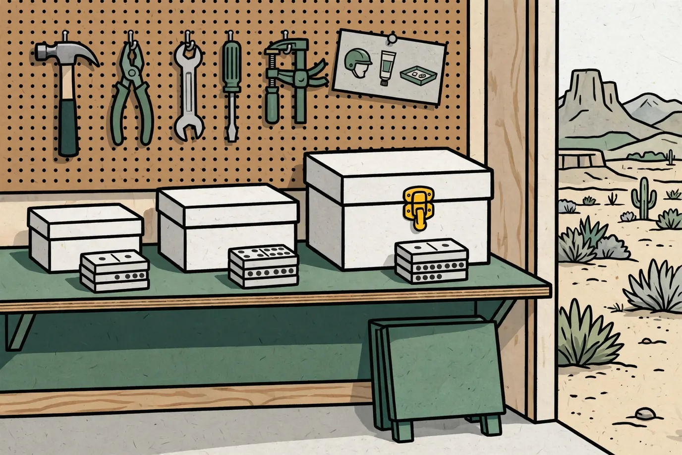 Three domino boxes of different sizes on a garage shelf, with small stacks of tiles in front of each