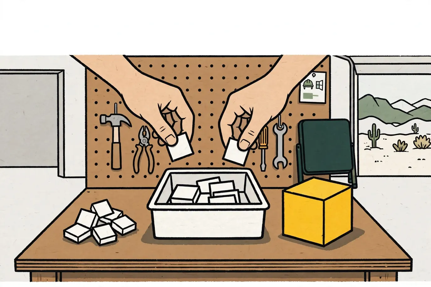 Two hands filling an upside-down plastic tray with white ice blocks, with a larger block set aside