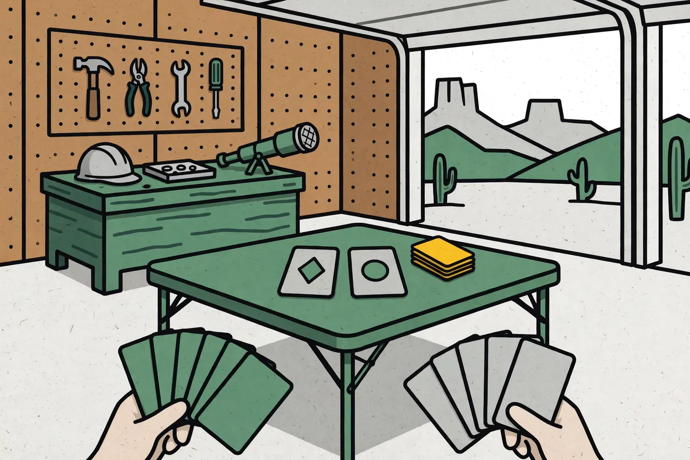 Two face-up cards in the middle of a garage table with a draw pile and two hands holding fanned cards