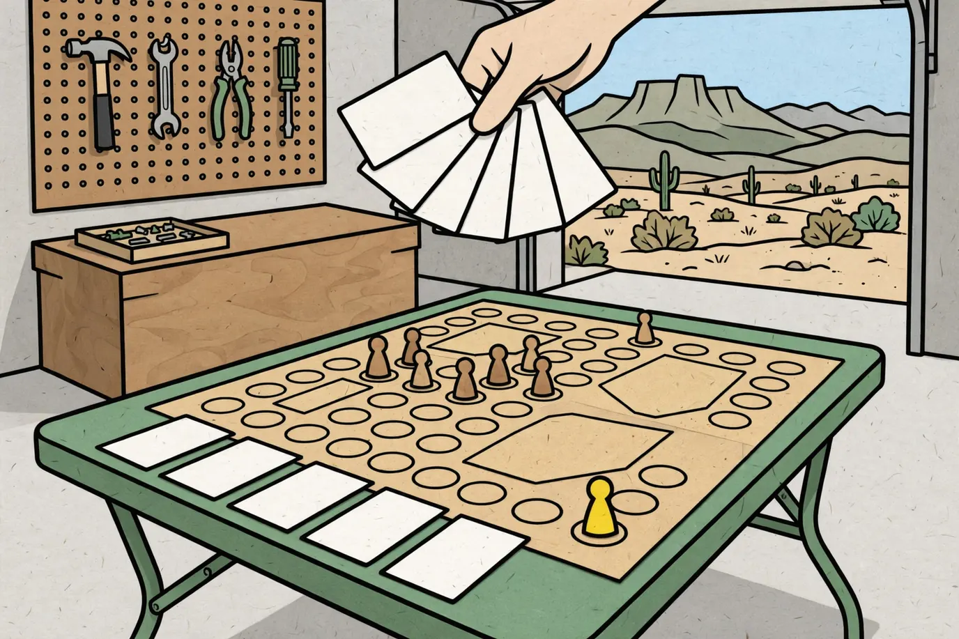 A large sandy-colored game board with wooden pawns and a row of face-up cards on a garage folding table