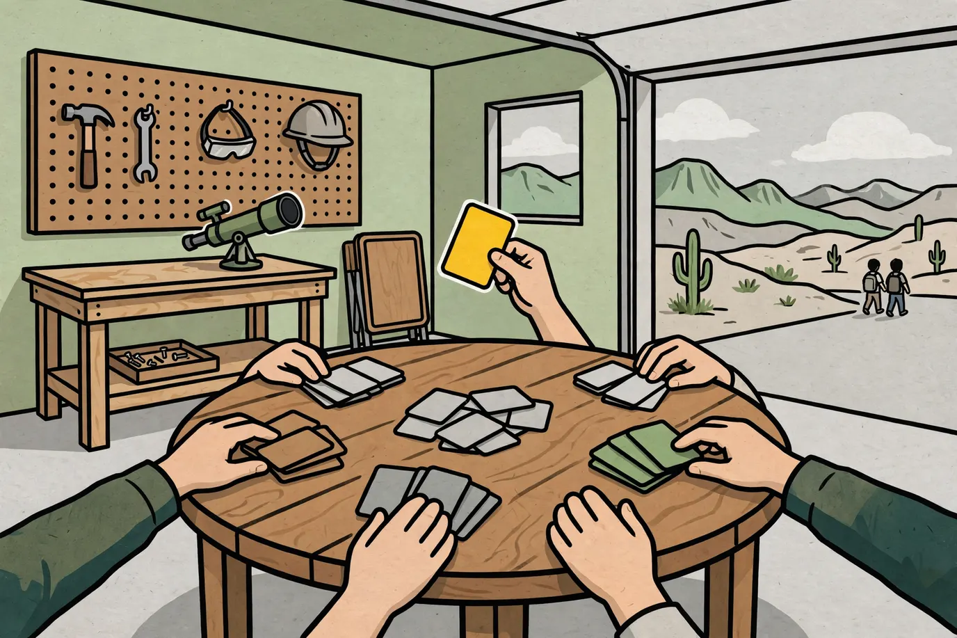 Four sets of hands playing cards from small piles around a table in a sunny garage