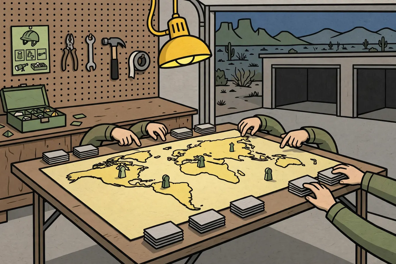 A yellowed world-map game board with tokens and card stacks on a garage table under a work lamp