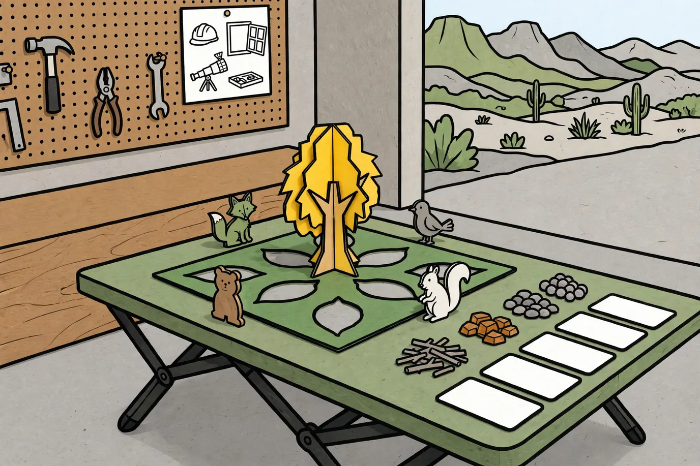 A green game board with a small cardboard tree, wooden animal pawns and piles of twig, resin, pebble and berry tokens